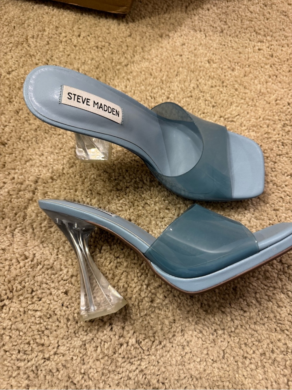 Steve Madden Dusty Blue Clear-Block Mule Heels